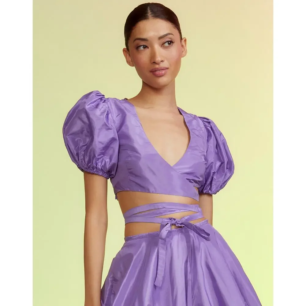 Cynthia Rowley Luna Taffeta Smocked Wrap Tie Top & Bubble Skirt in Purple